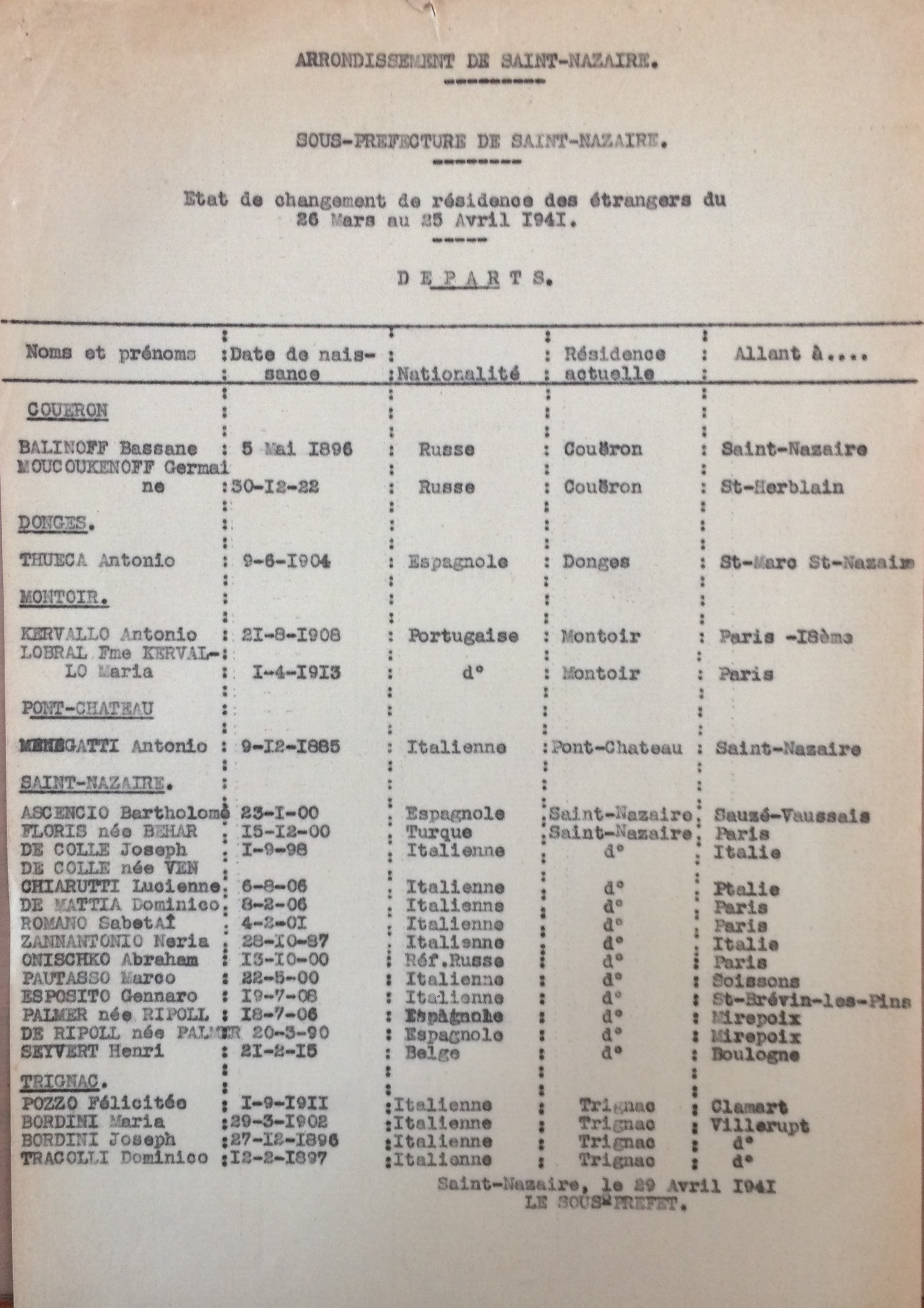 Etat de changement de résidence des étrangers avril 1941 [ADLA 1803W106]