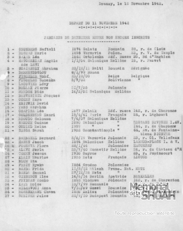 Liste convoi 45 du 11 novembre 1942 [CDJC, Mémorial de la Shoah, en ligne]