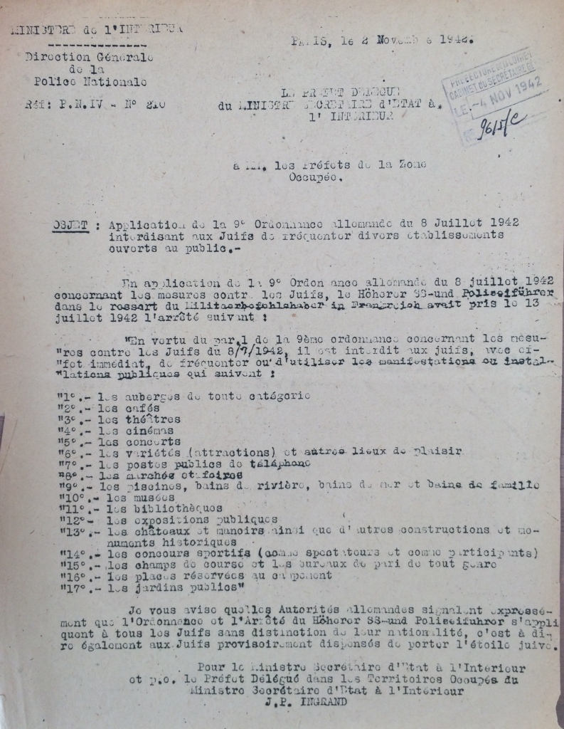 Le secrétaire d'Etat à l'Intérieur aux Préfets de la zone occupée 08 juillet 1942 [ADLA 1694W20]