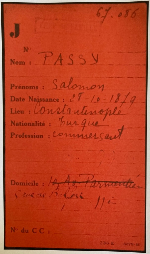 Fiche de PASSY Salomon [Fichier Préfecture Police Paris Individuel Adulte AN F9/5656]